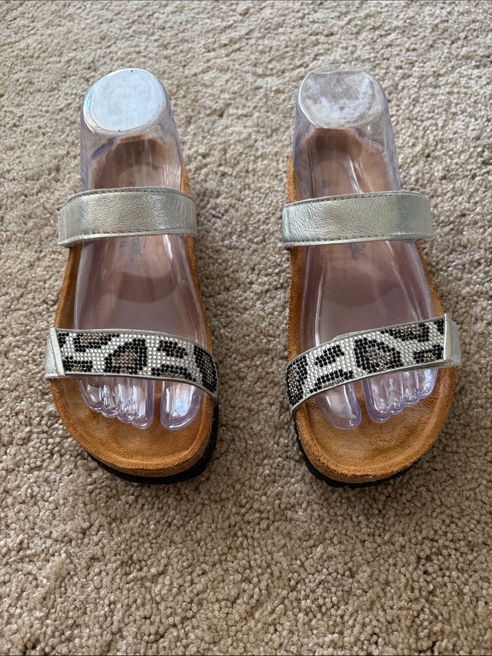 NAOT Women’s Metallic Silver Slide Sandals with Cheetah-Print Strap Size 38